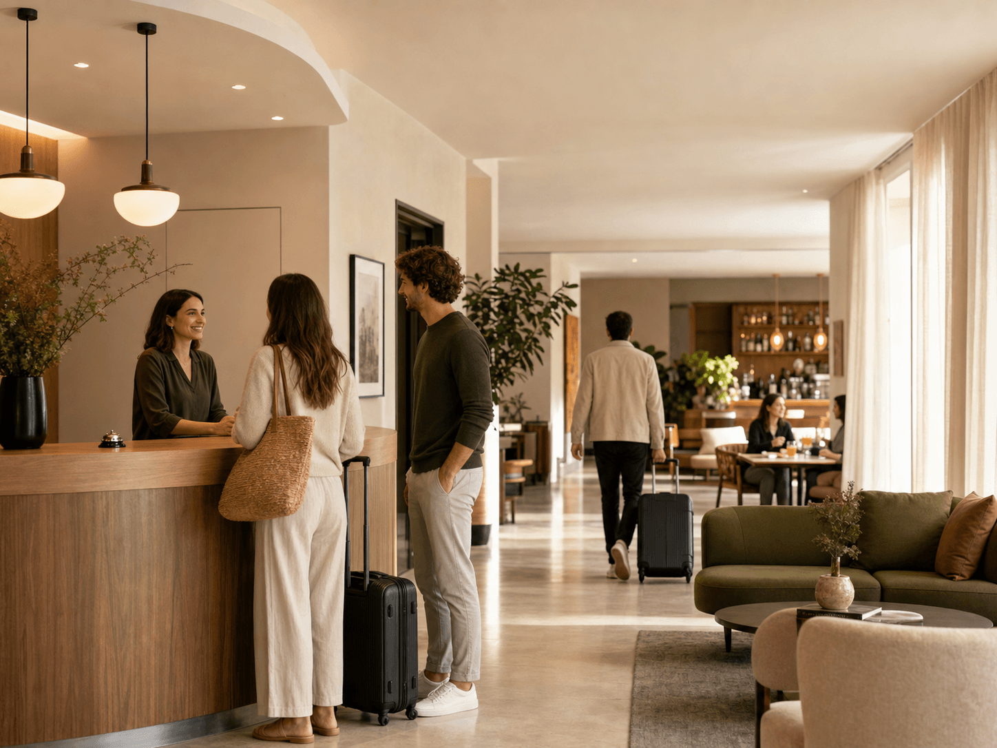 Lobby d’hôtel avec une ambiance sonore élégante et accueillante.